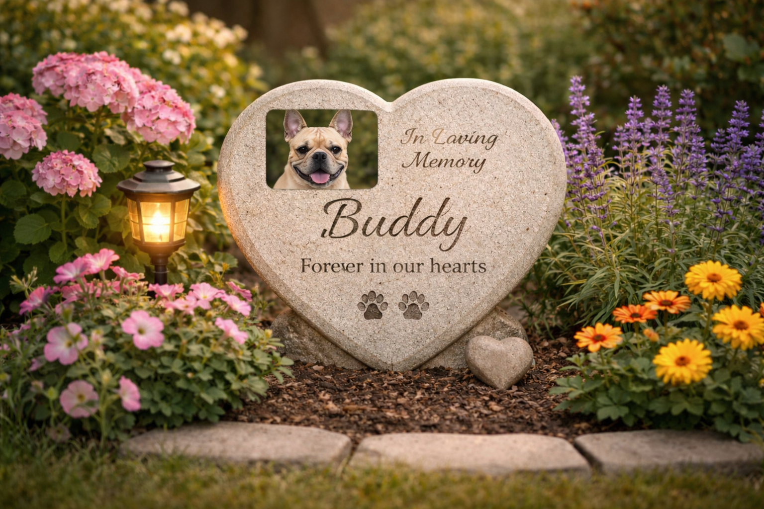 A sunlit garden memorial stone engraved with a dog's name surrounded by flowers — a living tribute to a beloved dog after their passing.