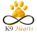 A gold dog paw with an infinity symbol as a logo for K9Hearts.com