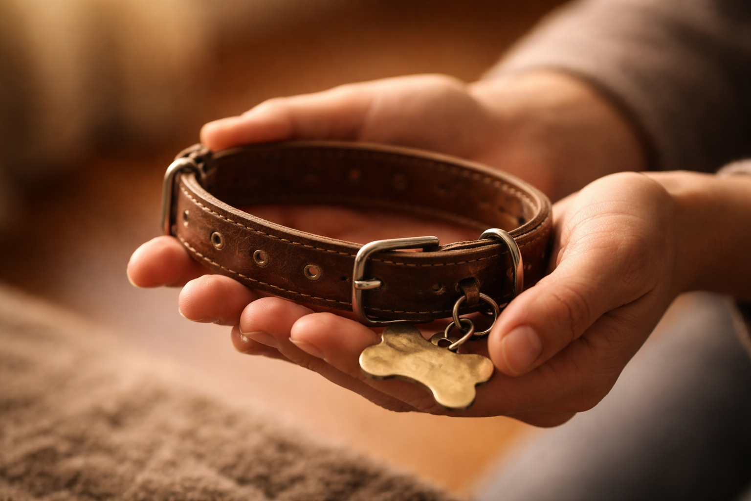 Dog collar and tags as a symbol of sensory grief memory and phantom sounds after losing a beloved dog