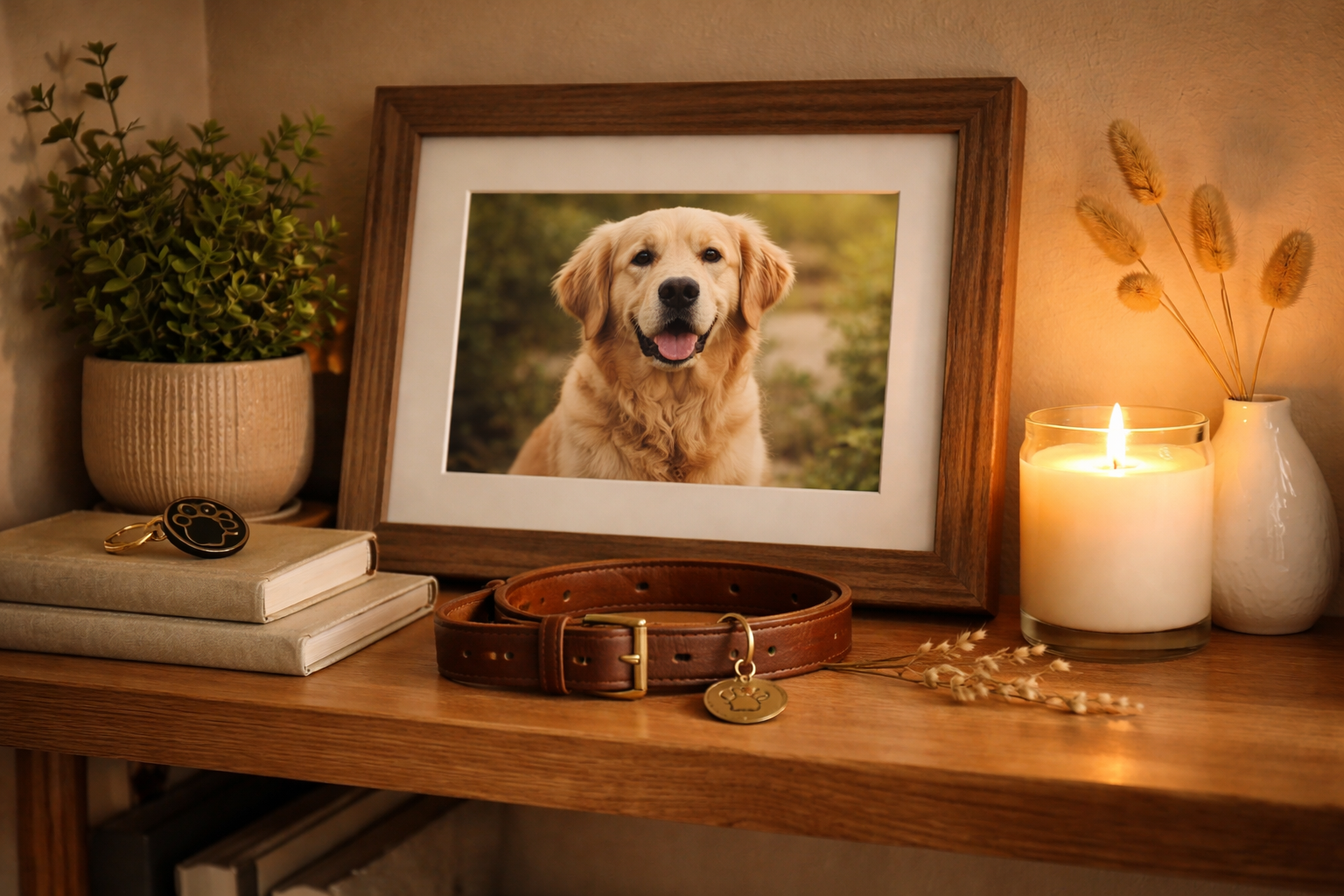 A gently lit home memorial shelf with a framed dog photo, a worn collar, and a small candle — honoring a beloved dog after loss