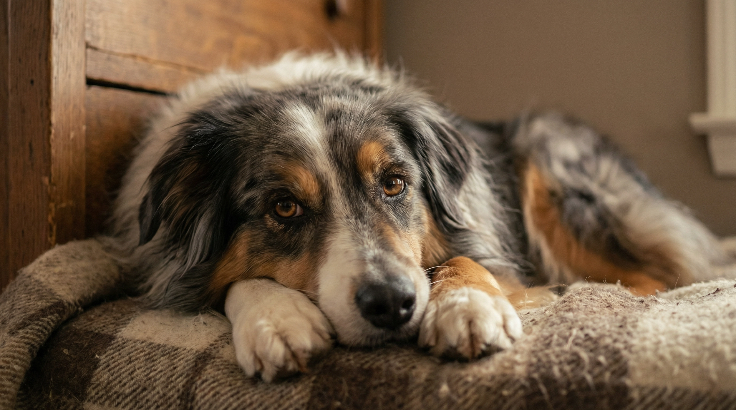 An Australian Shepherd dog lying on a cushioned bed with a wooden headboard, resting its head on its paws and looking at the camera K9Hearts.