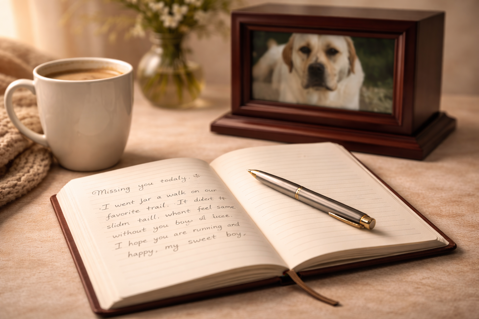 An open grief journal on a wooden table with soft light, representing the healing practice of writing through pet loss grief.