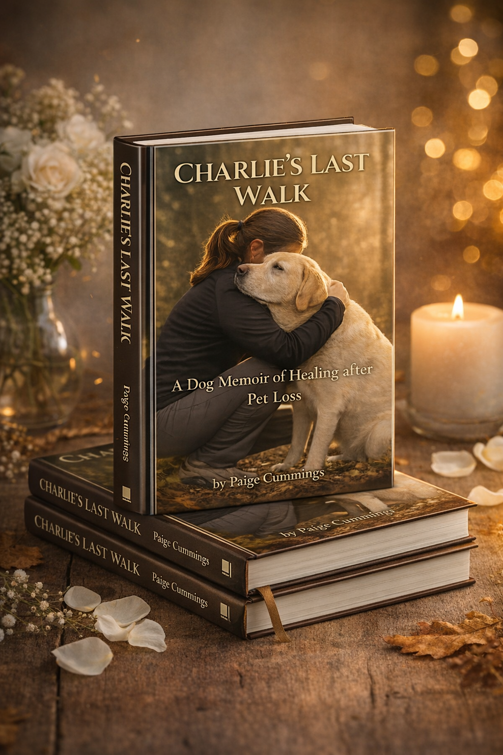 Charlie's Last Walk book by Paige Cummings stacked on a wooden surface with candlelight and roses, a pet loss memoir offering comfort and understanding for those grieving the death of a beloved dog.
