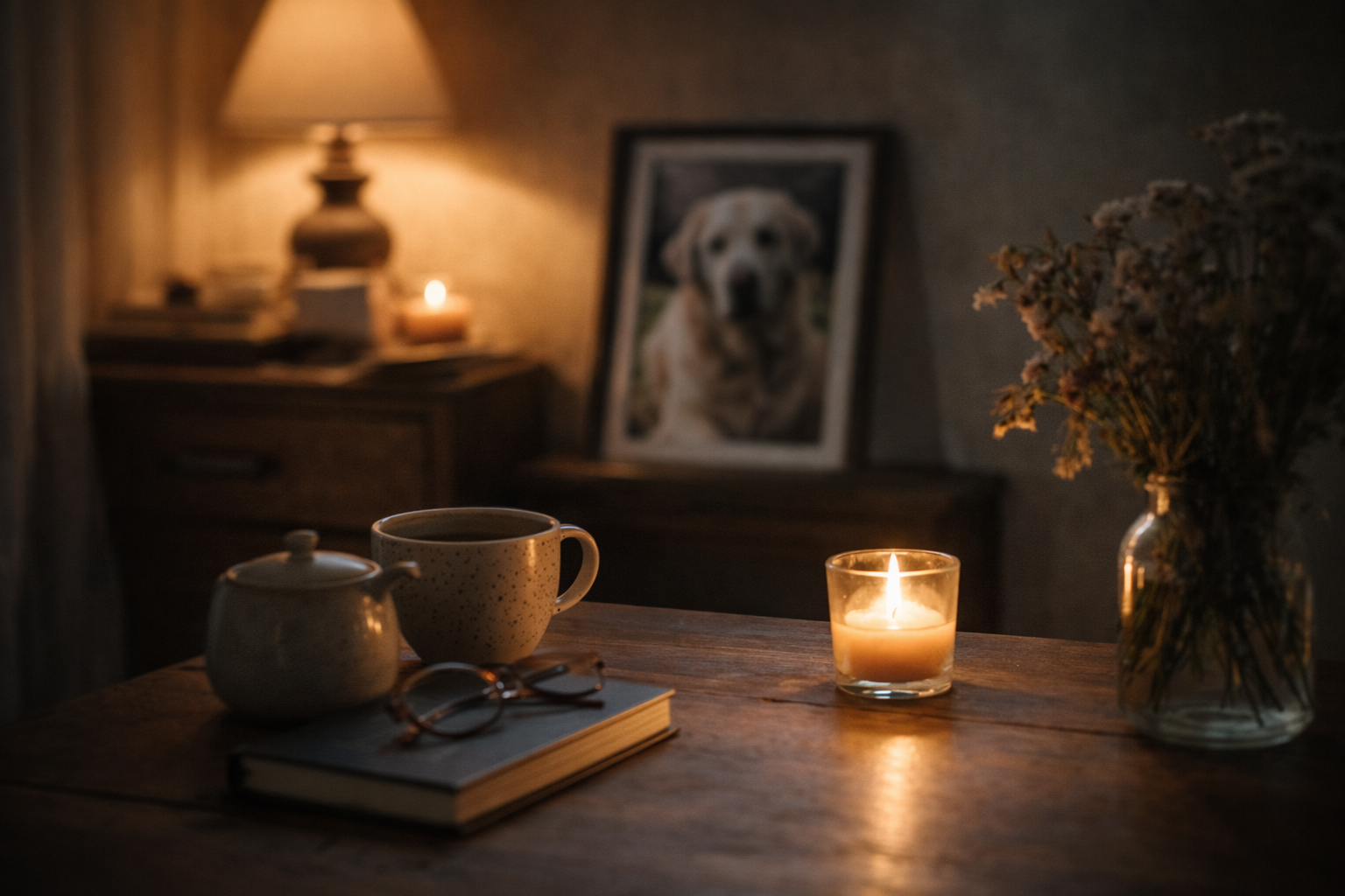 A warmly lit room with a candle and photograph, representing the quiet rituals of honoring a beloved dog while moving through grief.