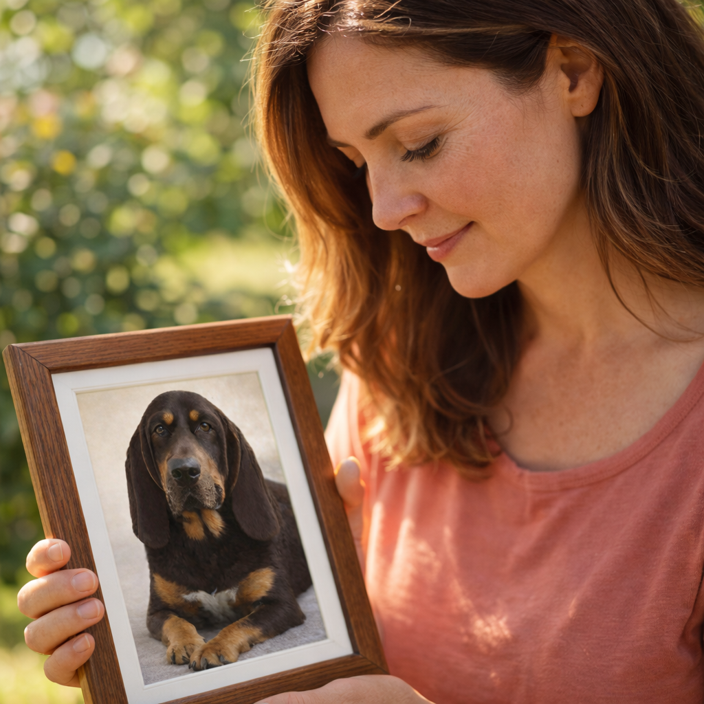 A person gently holding a framed photo of their dog representing grief healing and compassionate memorialization after pet loss
