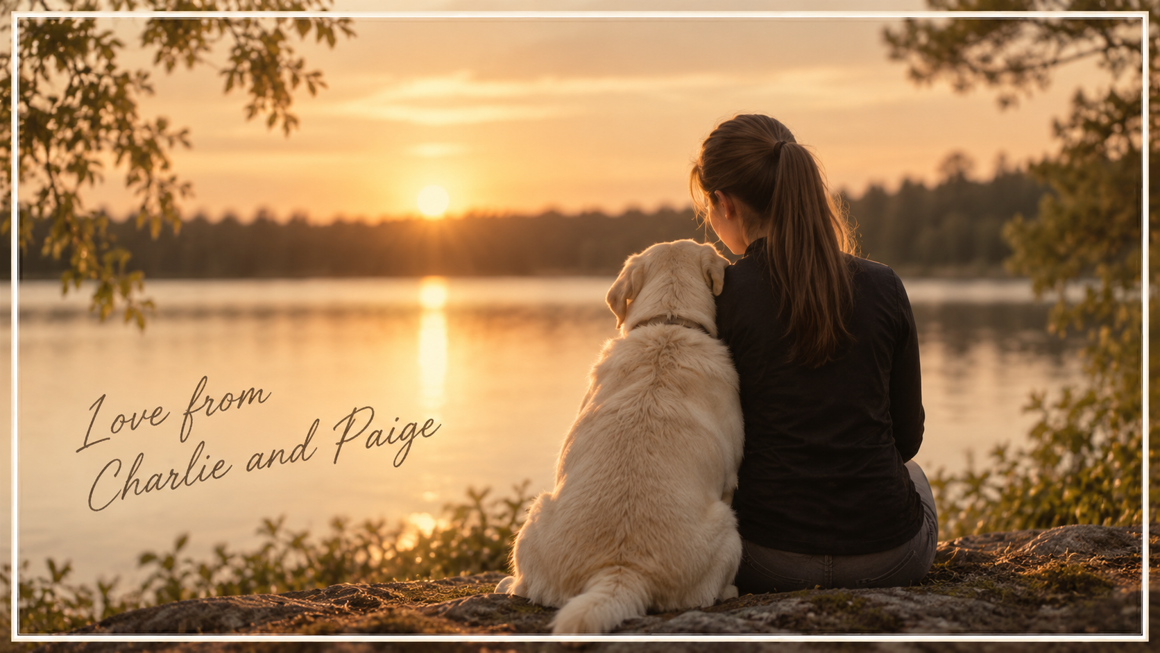 A girl and a golden retriever sitting together by a lake during sunset, with text that reads 'Love from Charlie and Paige'.