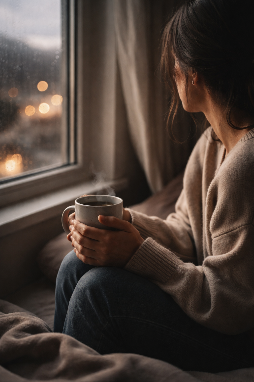 A person sitting quietly in soft light — the weight of pet loss grief and finding support when it becomes too heavy to carry alone.