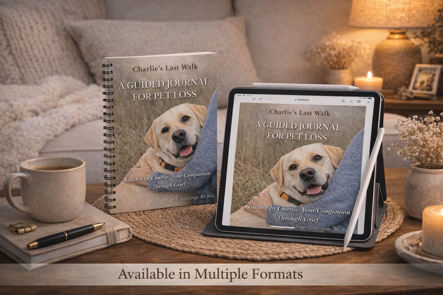 Pictures of Charle's journal in a spiral bound format and one on a tablet sitting on a coffee table.