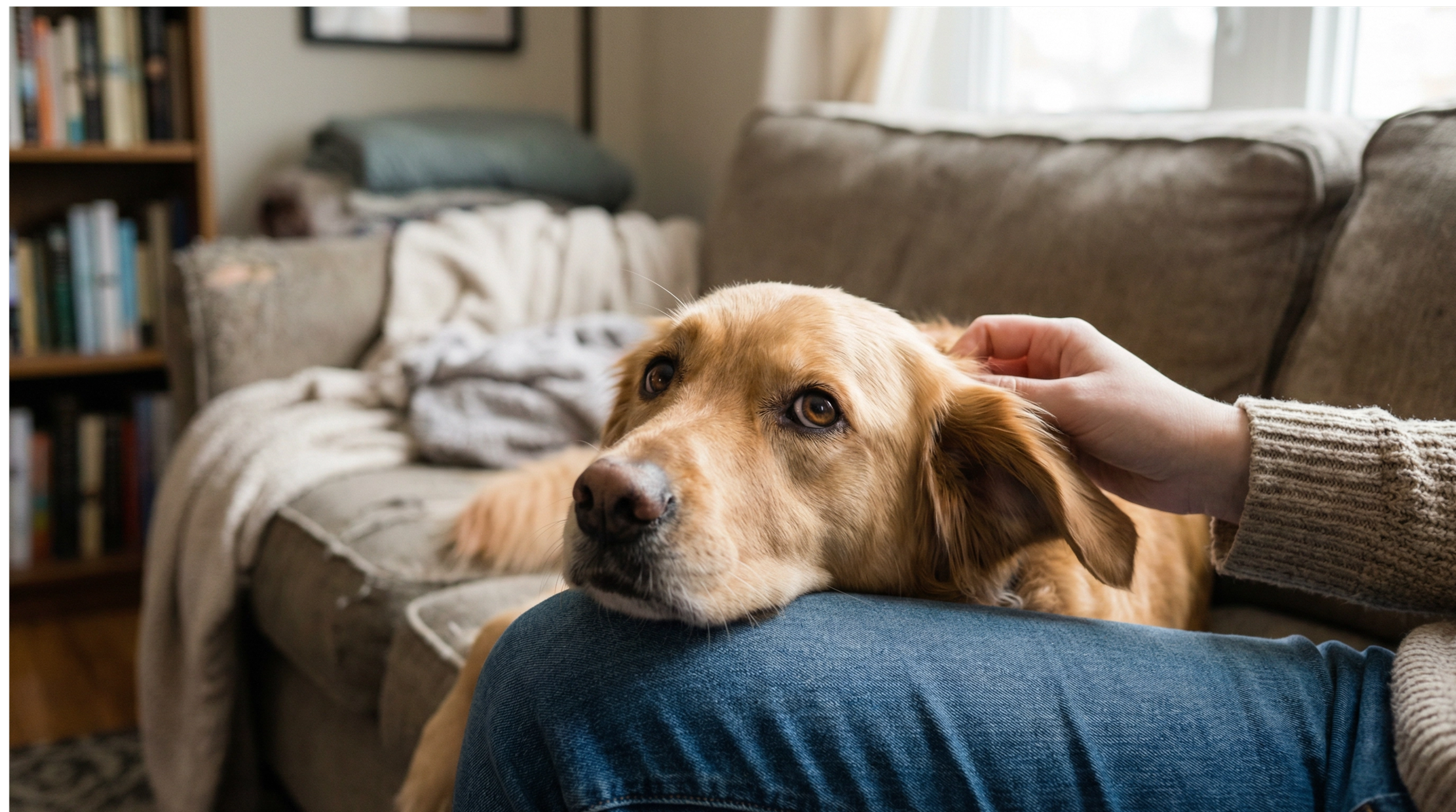 A golden retriever dog resting his head on his owner's lap as they sit on the couch.