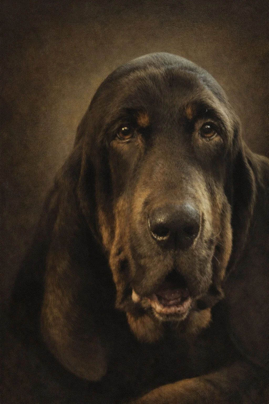 Close-up of a large black and brown dog, possibly a Rottweiler, with a focused expression, lying down against a dark background.