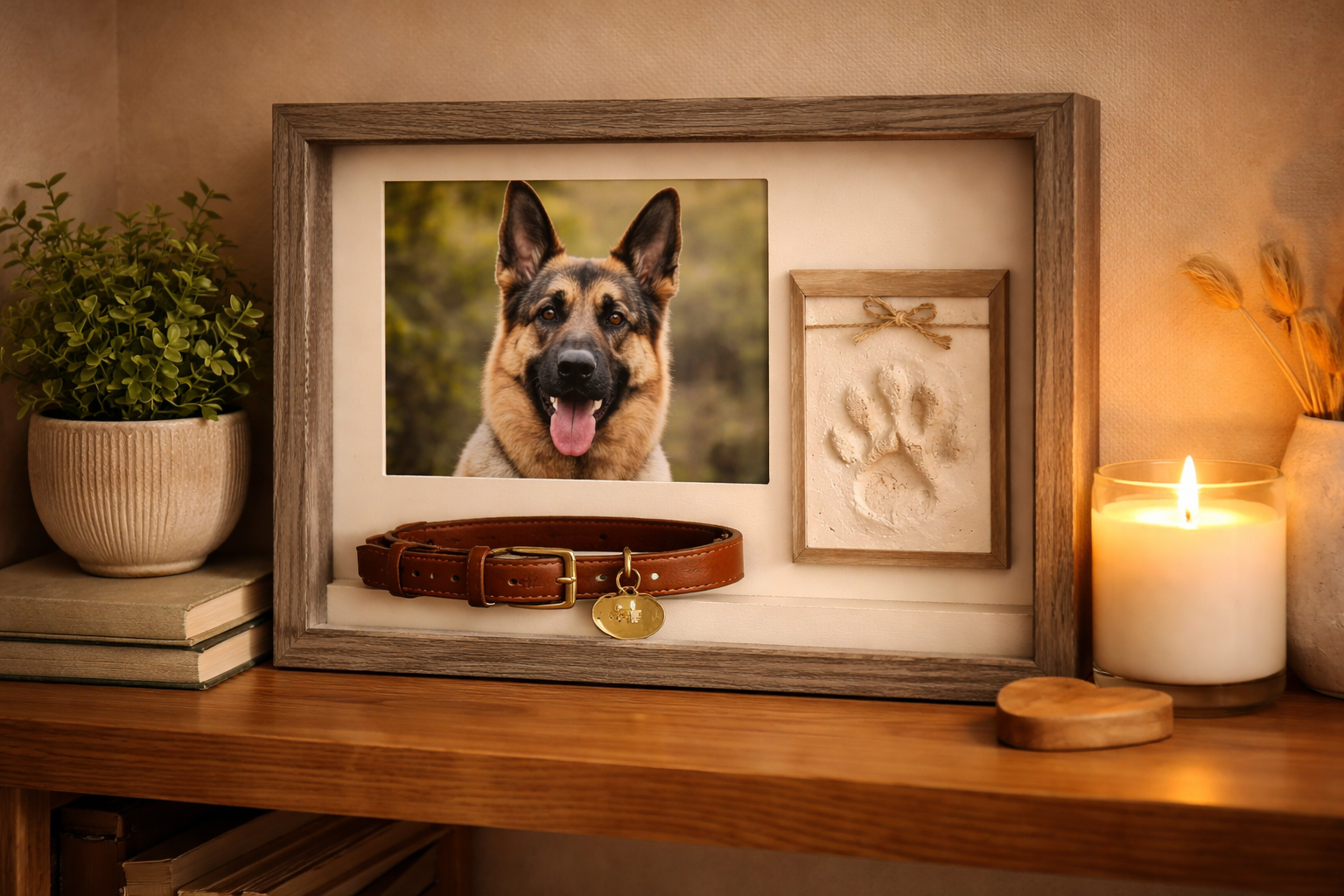 A wooden shadow box memorial display holding a dog collar, framed photo, and paw print — a compassionate way to memorialize a dog at home