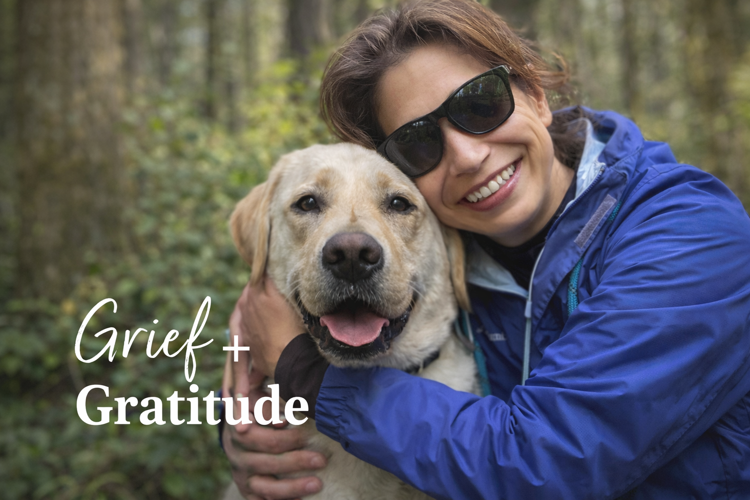 Charlie Brown and Paige embrace photo with text that reads "Grief + Gratitude."
