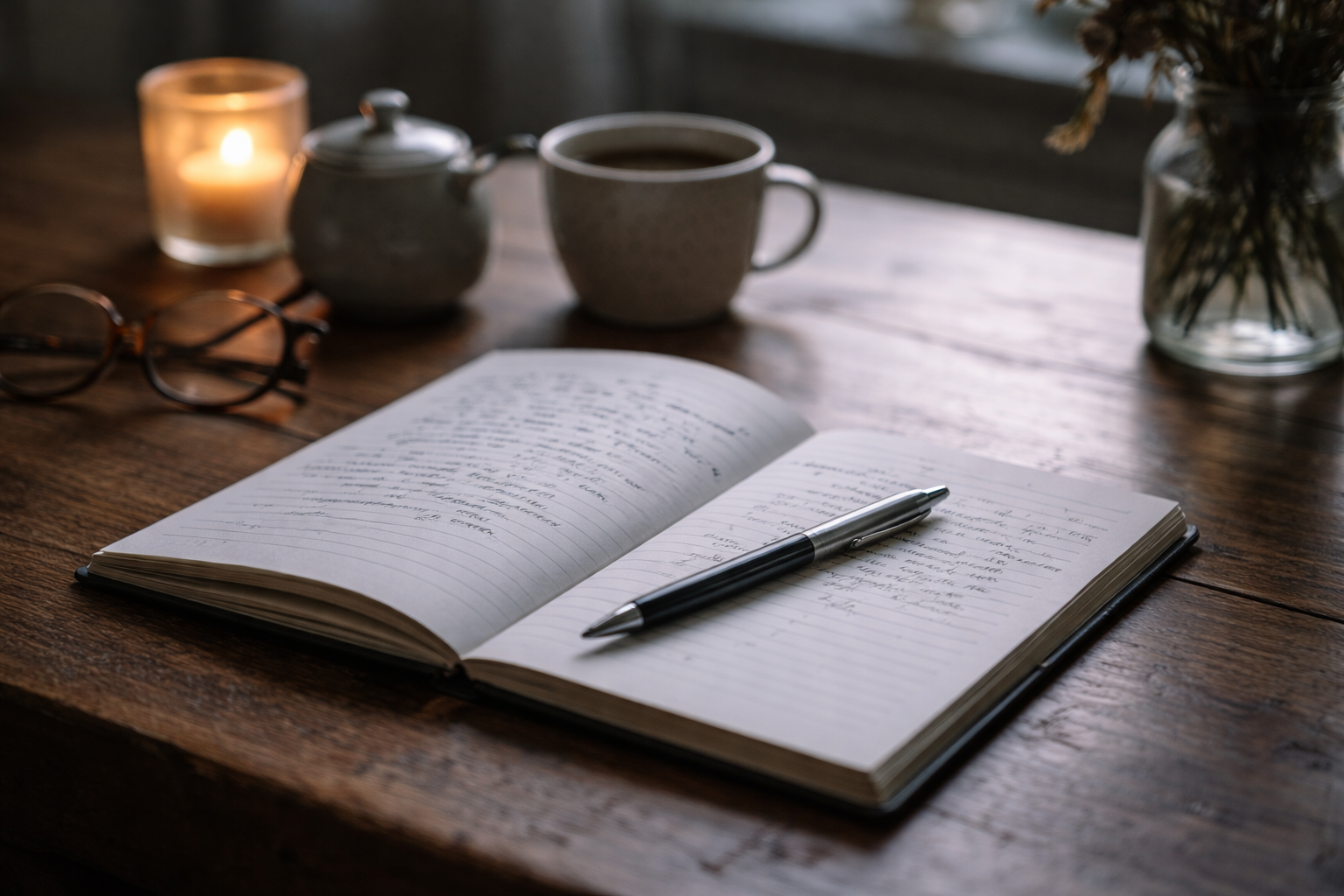 An open notebook and pen in soft light, representing the process of writing through grief and finding language for what is being felt.