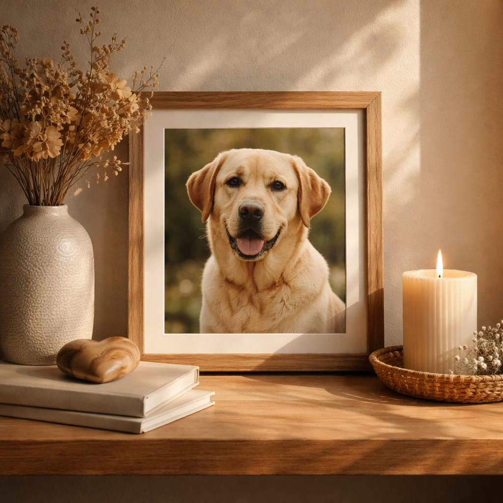 A memorial shelf display with a framed dog photo candle and keepsakes representing continuing bonds grief support
