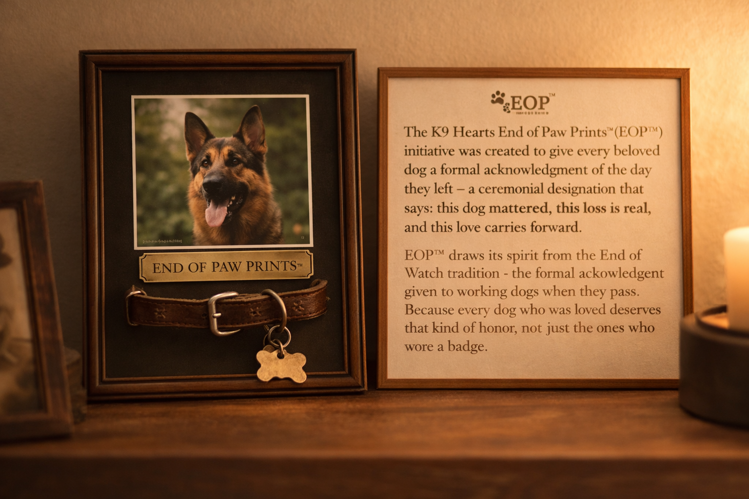 Dog memorial portrait displayed on a shelf as a visual anchor for sensory grief and phantom sounds after pet loss