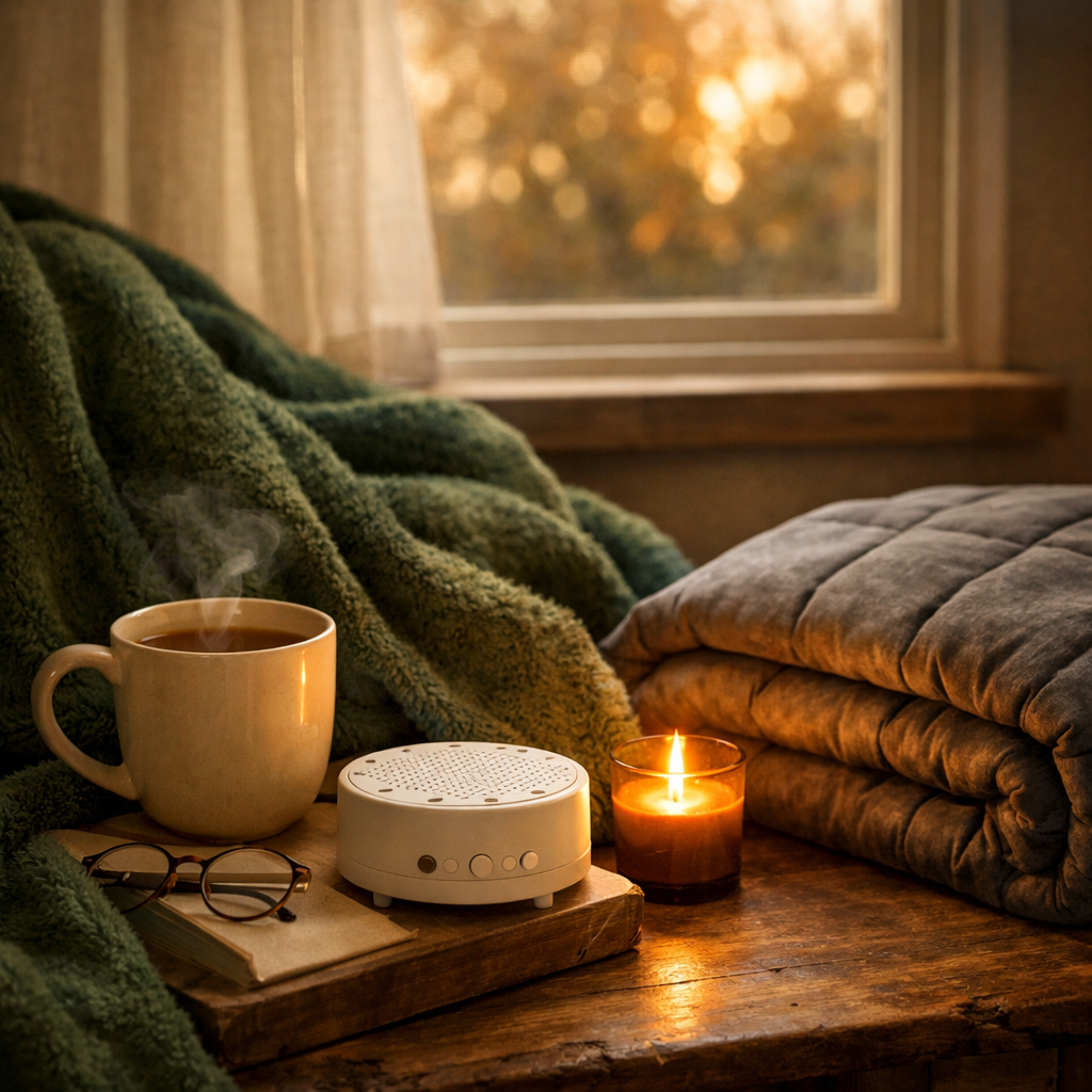 A cozy morning by the window, perfect to rest with your grief with comfort items such as coffee or tea, a weighted blanket, a white noise machine, and a candle by a window.