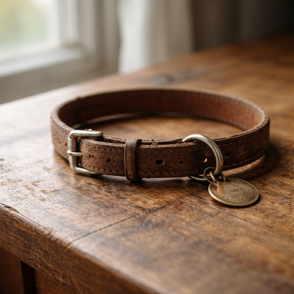 A worn dog collar resting quietly on a wooden surface, representing the grief and guilt many owners feel after the loss of a beloved dog.