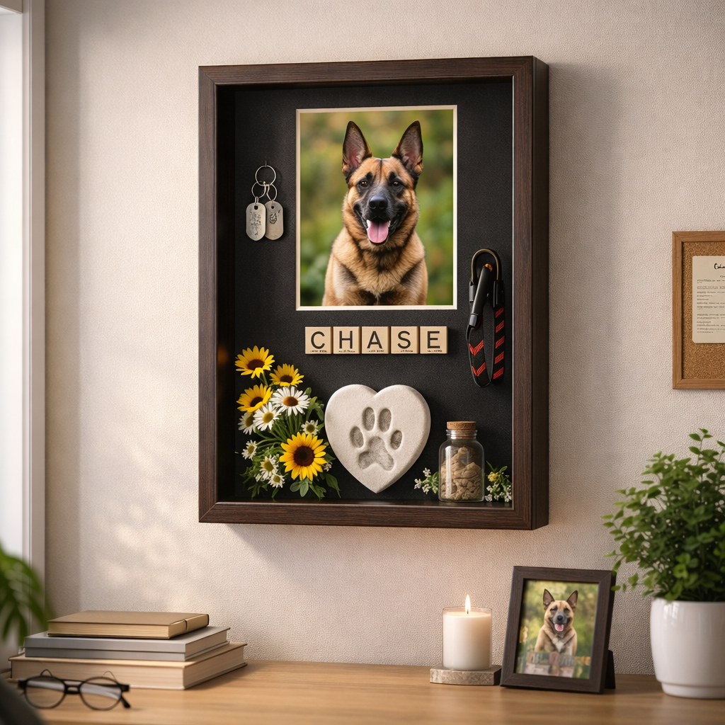 A shadow box memorial display containing a dog photo collar and paw print as a compassionate way to memorialize a dog