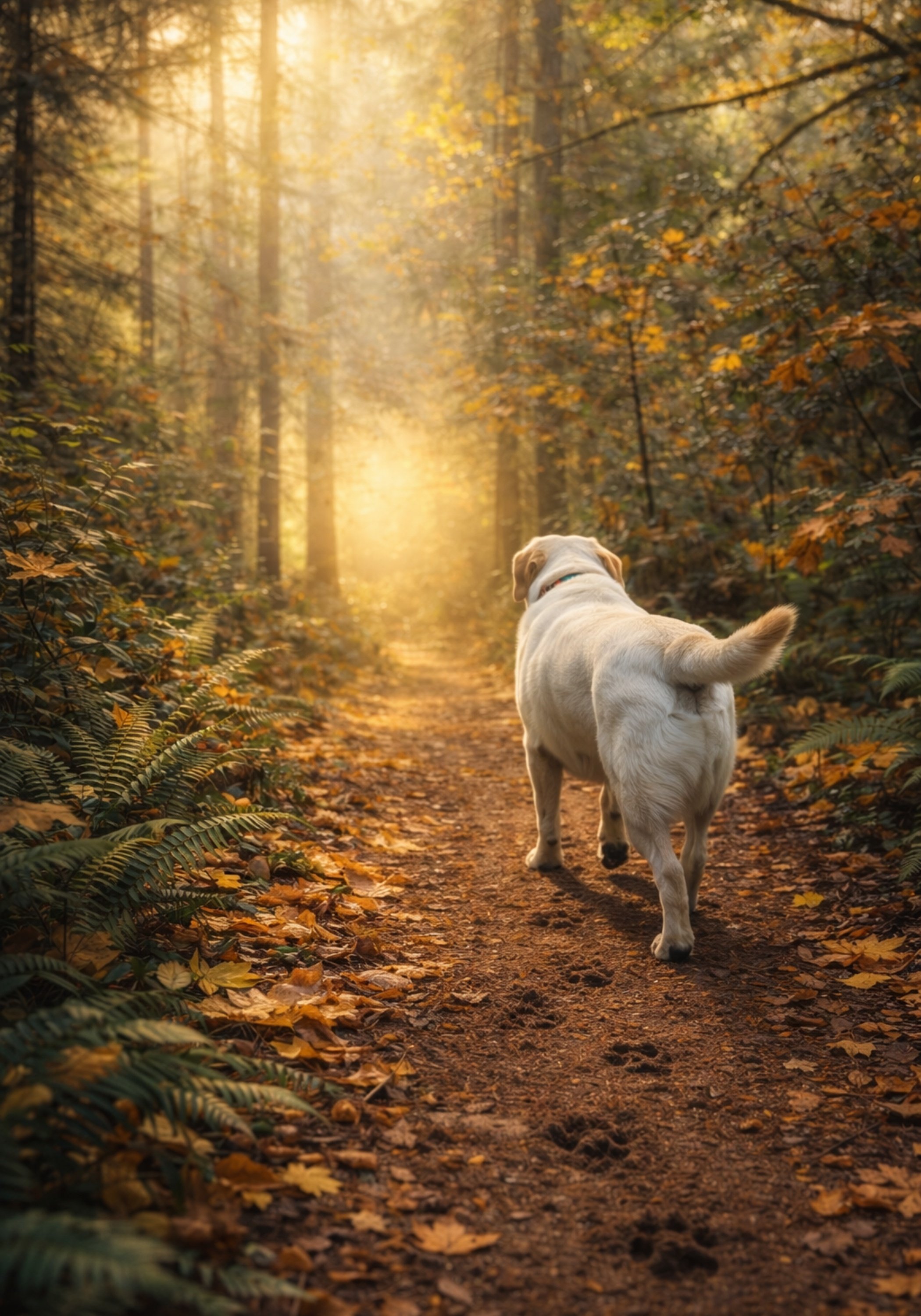 Yellow Lab walking a forest path toward golden light — K9Hearts pet grief support