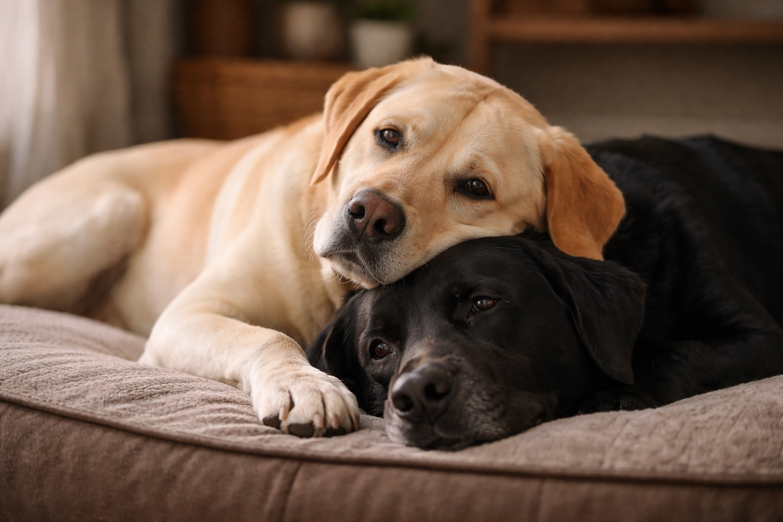Two dogs resting close together, representing the deep social bonds that make the loss of a companion so significant for surviving dogs.
