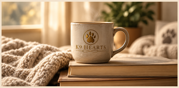 Mug with a heart on a stack of books beside a knit blanket