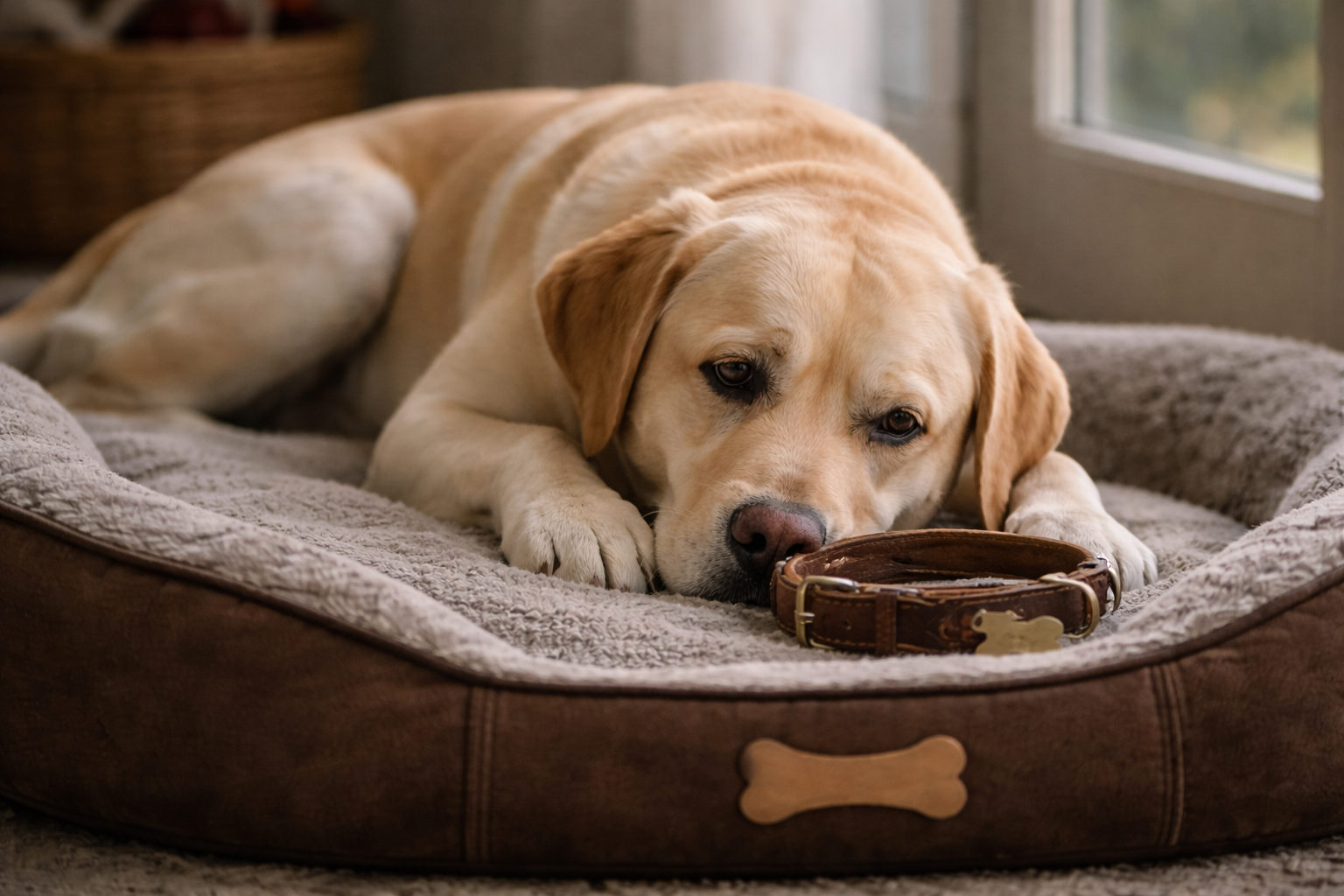 A dog resting near a familiar blanket, showing the searching and stillness behavior commonly seen in surviving dogs after the loss of a companion.