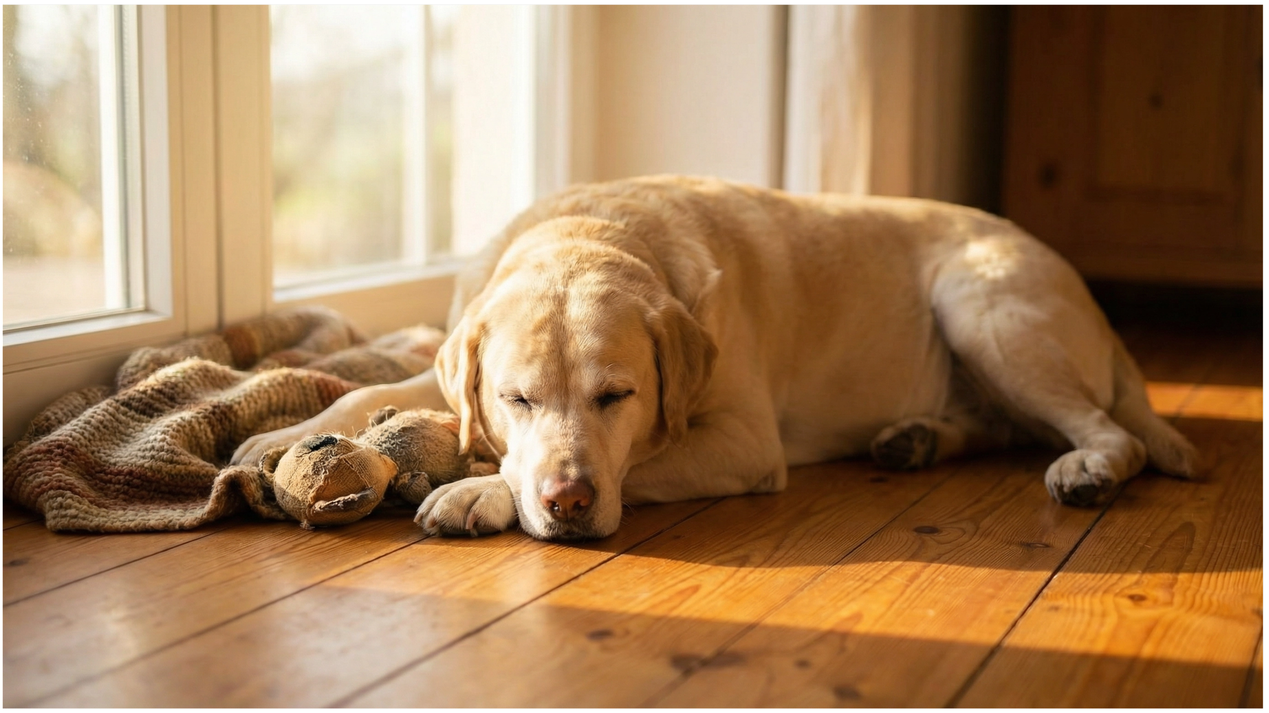 A yellow Labrador resting peacefully at home — Charlie, whose loss inspired the creation of EOP.