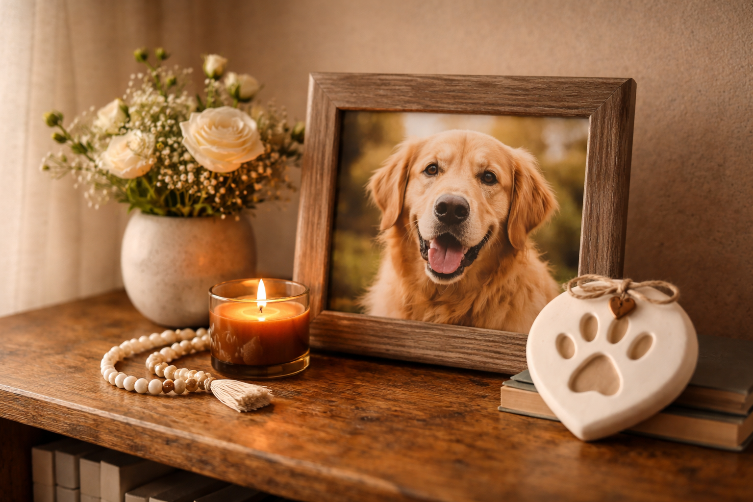 Pet loss tribute on a desk with a candle, a portrait of your best friend, a paw print, and beautiful white flowers.