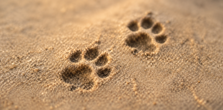 Two dog paw prints pressed into sand
