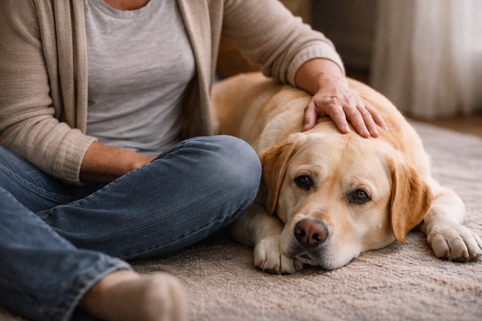 person sitting quietly beside their dog, offering gentle comfort during a period of grief and adjustment after the loss of a companion dog.