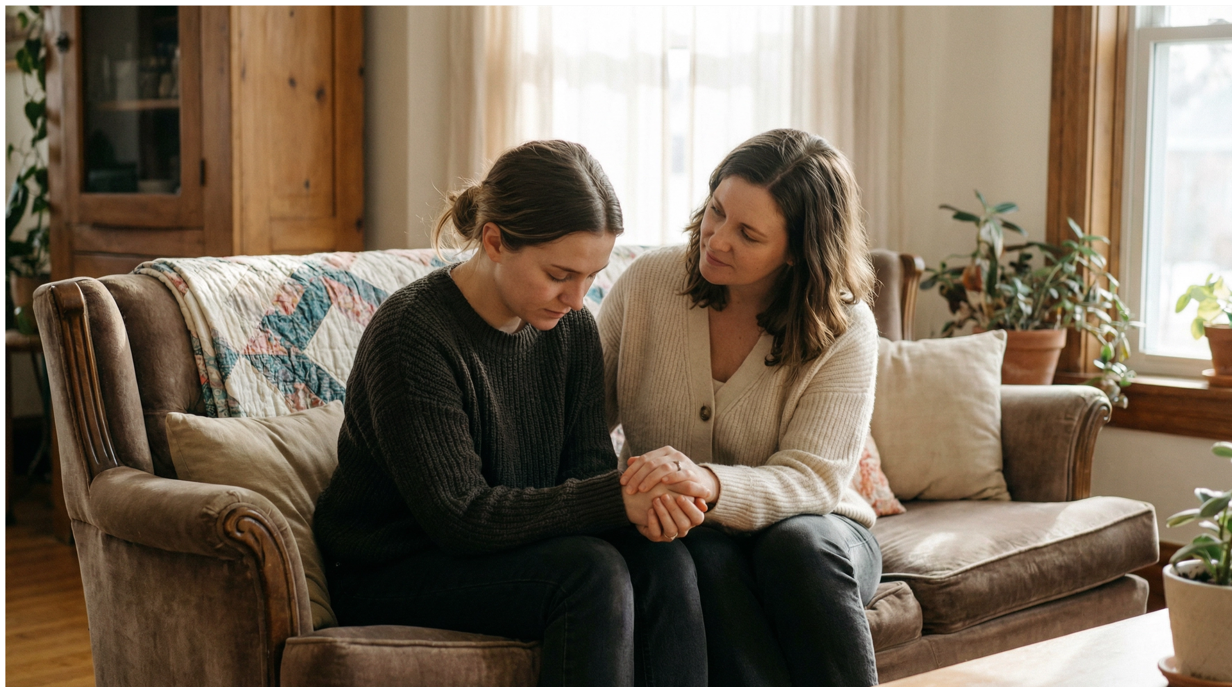 Two females comforting each other.