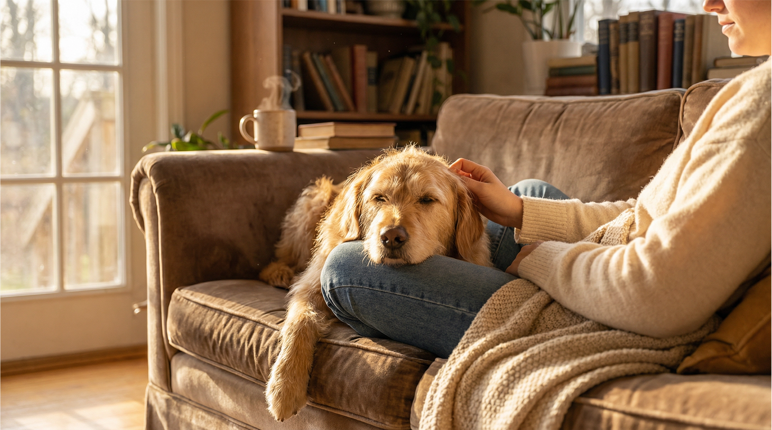 A yellow dog laying his owner's lap on the couch lookin like he does not feel good.
