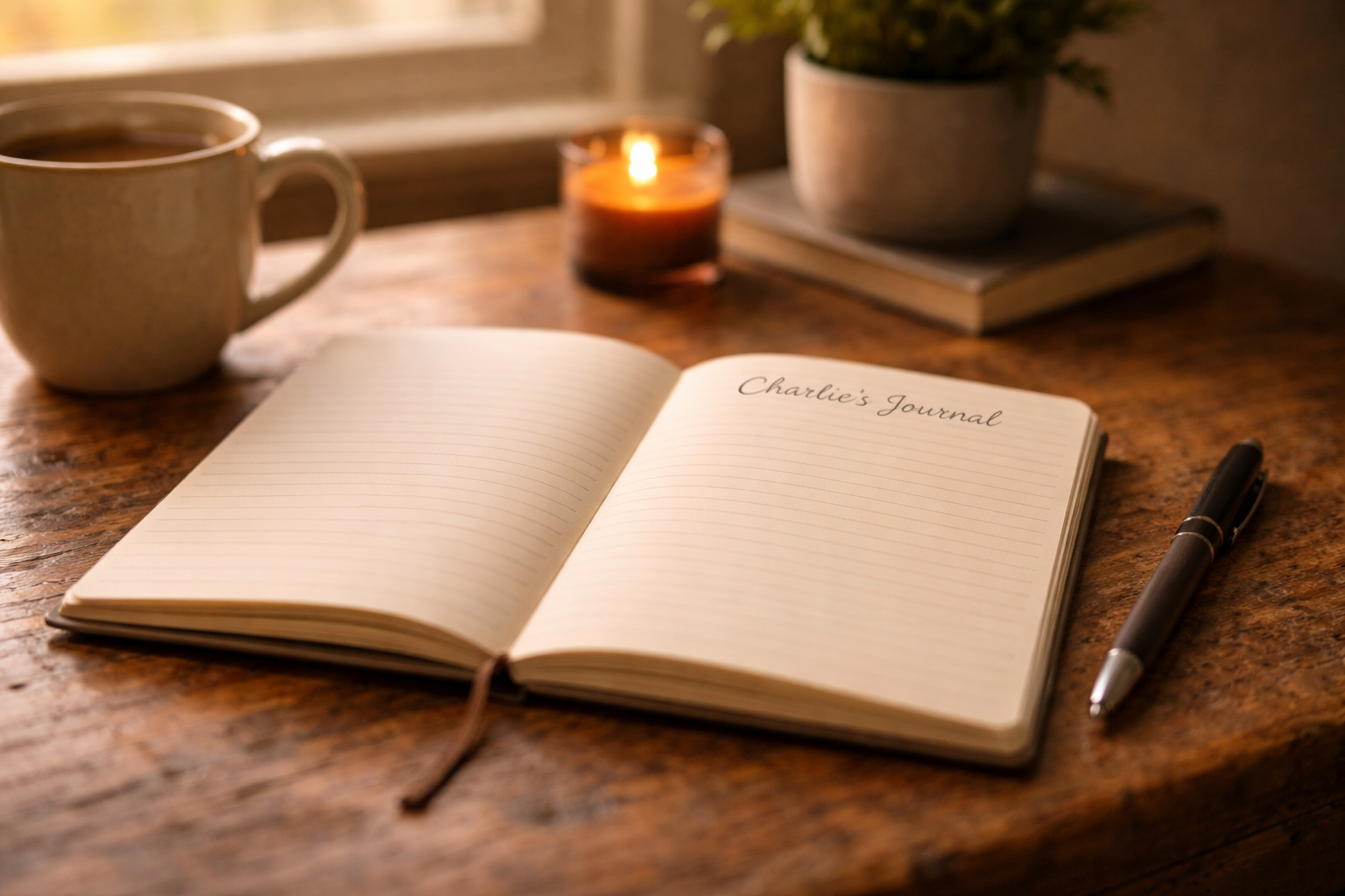 A journal on a table with a cup of coffee, a candle, and a plant near a window.