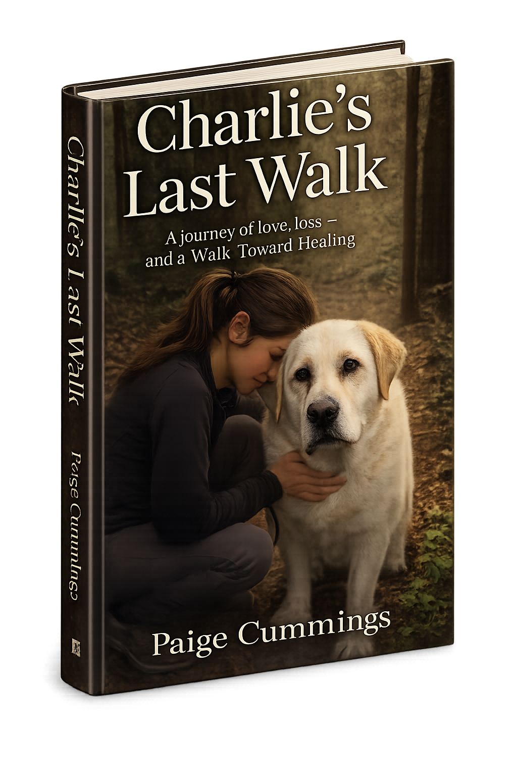 Book cover titled "Charlie's Last Walk" with a woman and a dog in a wooded area, showing a touching moment of the woman leaning her forehead against the dog's head.