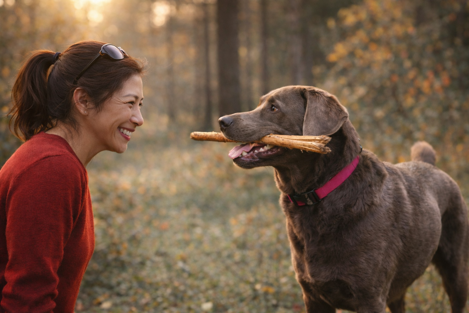 A woman smiling and playing with her dog, which is holding a stick in its mouth, in a wooded area during autumn.