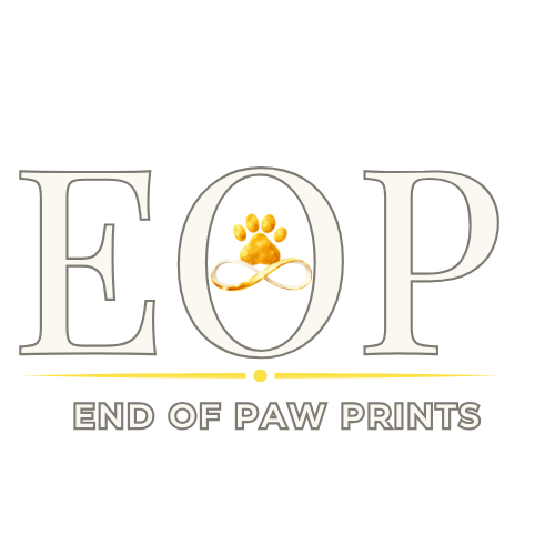 The EOP - End of Paw Prints - log with a paw print with an infinity symbol, which symbolizes K9Hearts initiative of the "The paw prints stop. The love never does."
