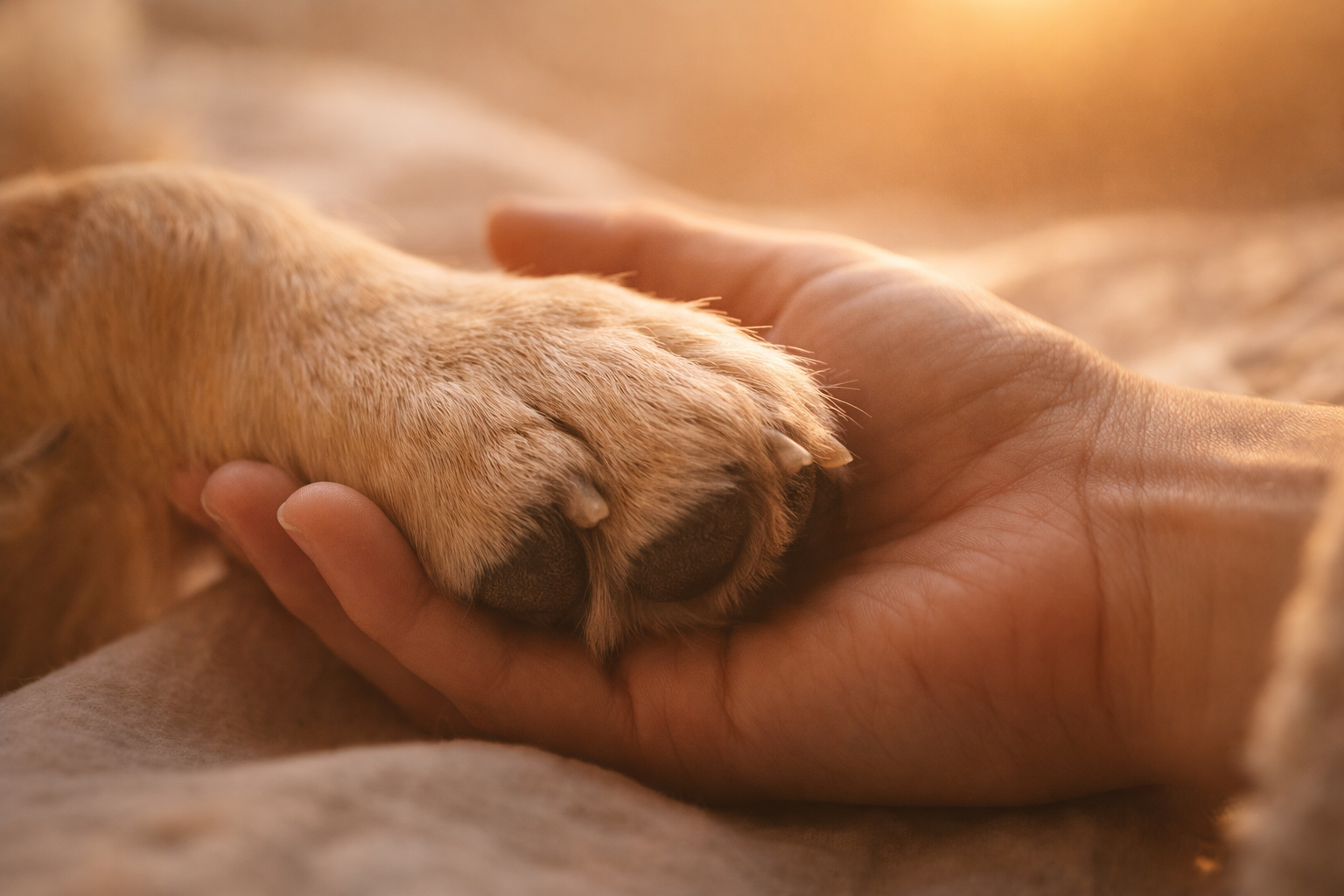 A dog's paw resting gently in a human hand in warm golden sunlight, symbolizing the deep bond between a person and their beloved dog and the grief of pet loss.