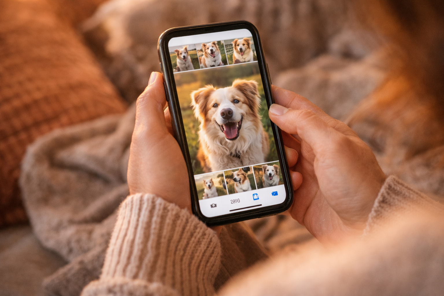 A lady browsing her dog photos on her phone.