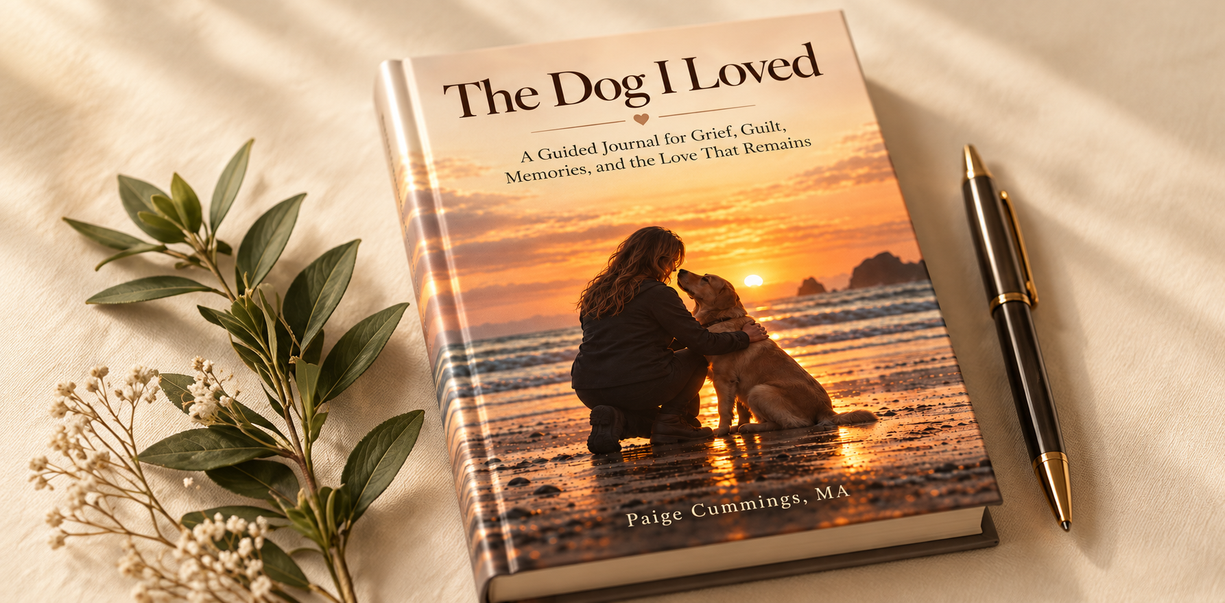 A book titled 'The Dog I Loved' with a cover photo of a woman kneeling on the beach at sunset, petting a golden retriever, with a pen and some greenery beside it.