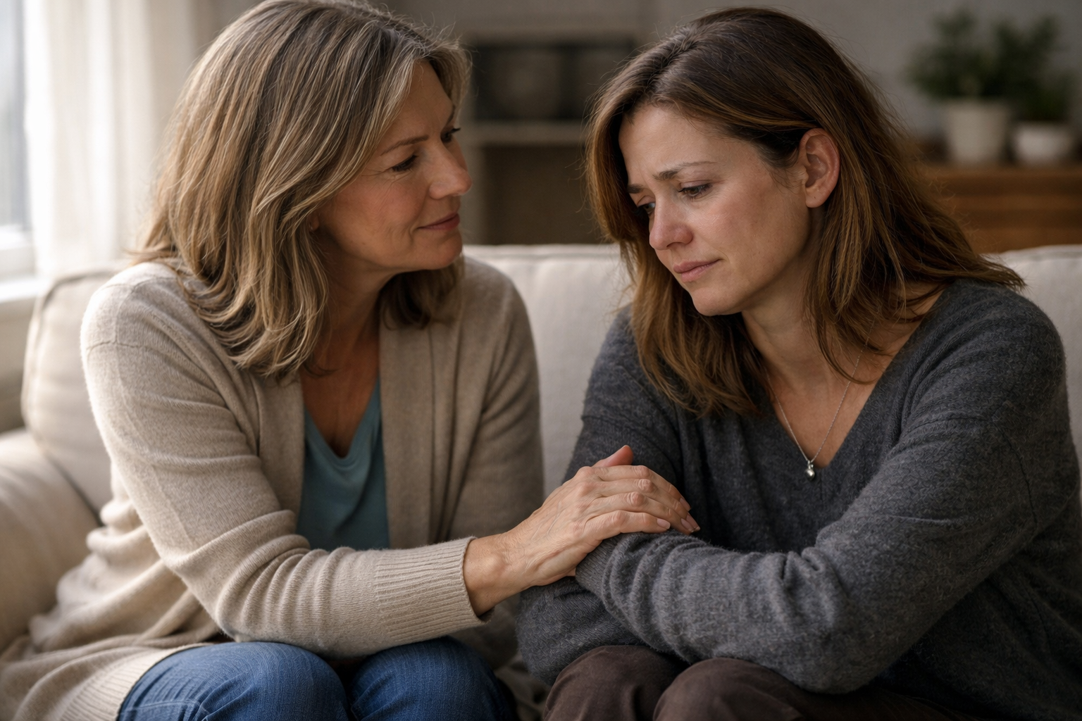 Two people sitting together in quiet support, representing the kind of witness and validation that pet loss grief deserves.