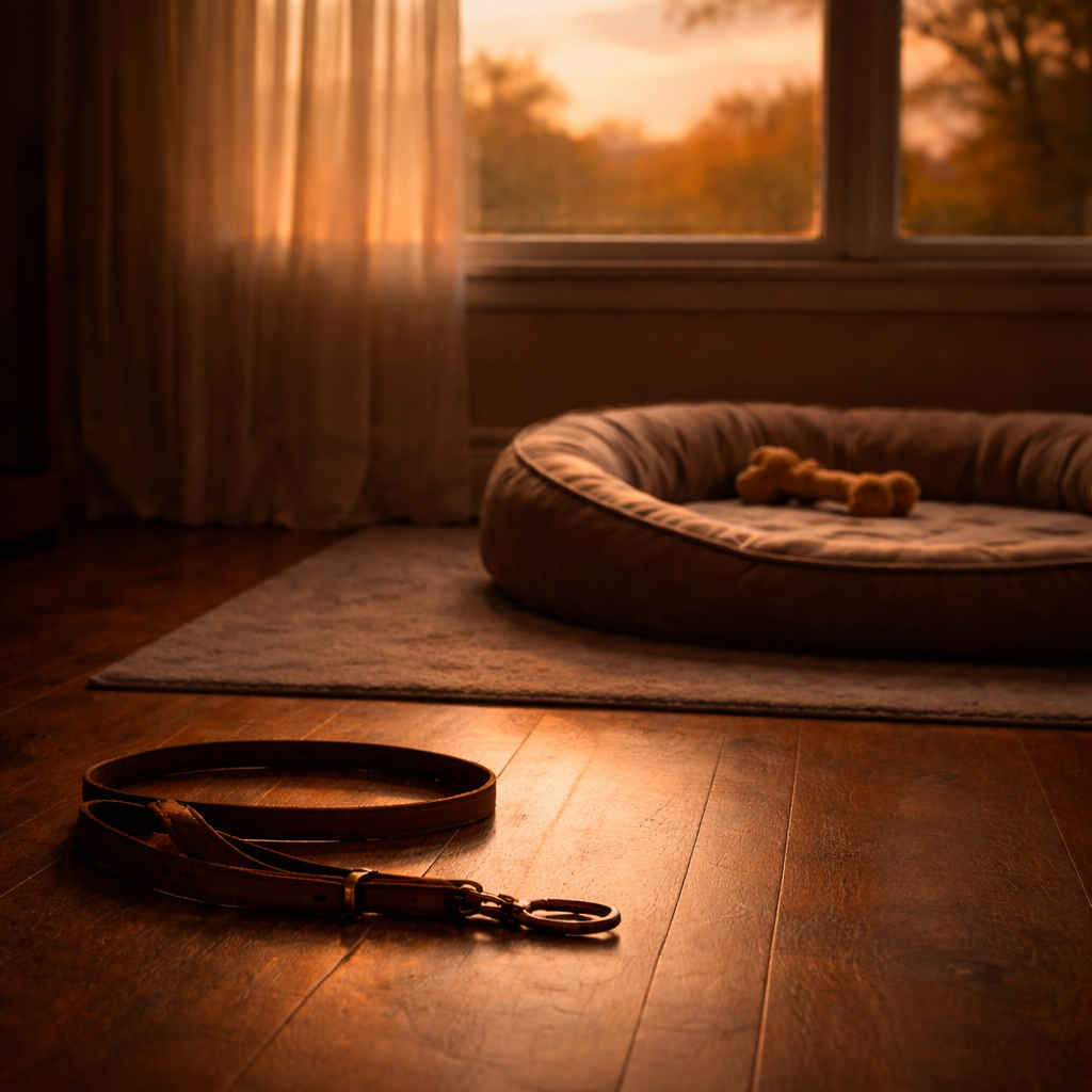 An empty dog bed in soft light — the quiet absence left by a heart dog loss
