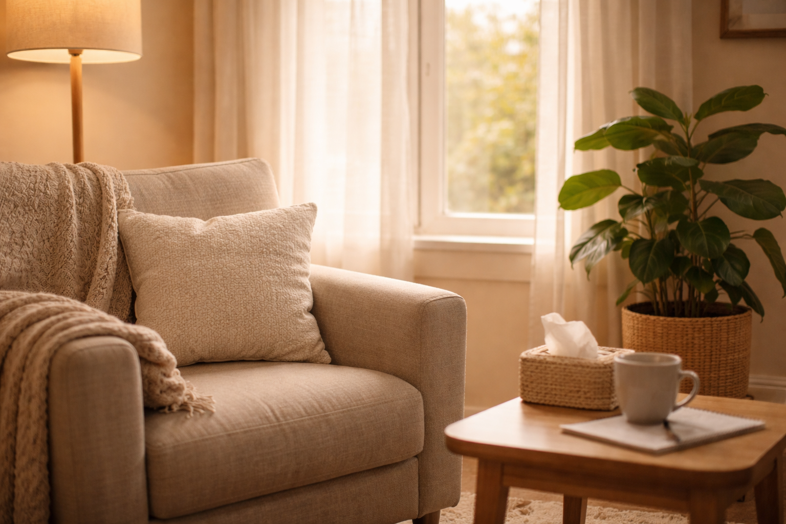 A warm and welcoming therapy room with a cozy armchair, soft natural light, a tissue box, and a plant, representing compassionate professional support for pet loss grief.