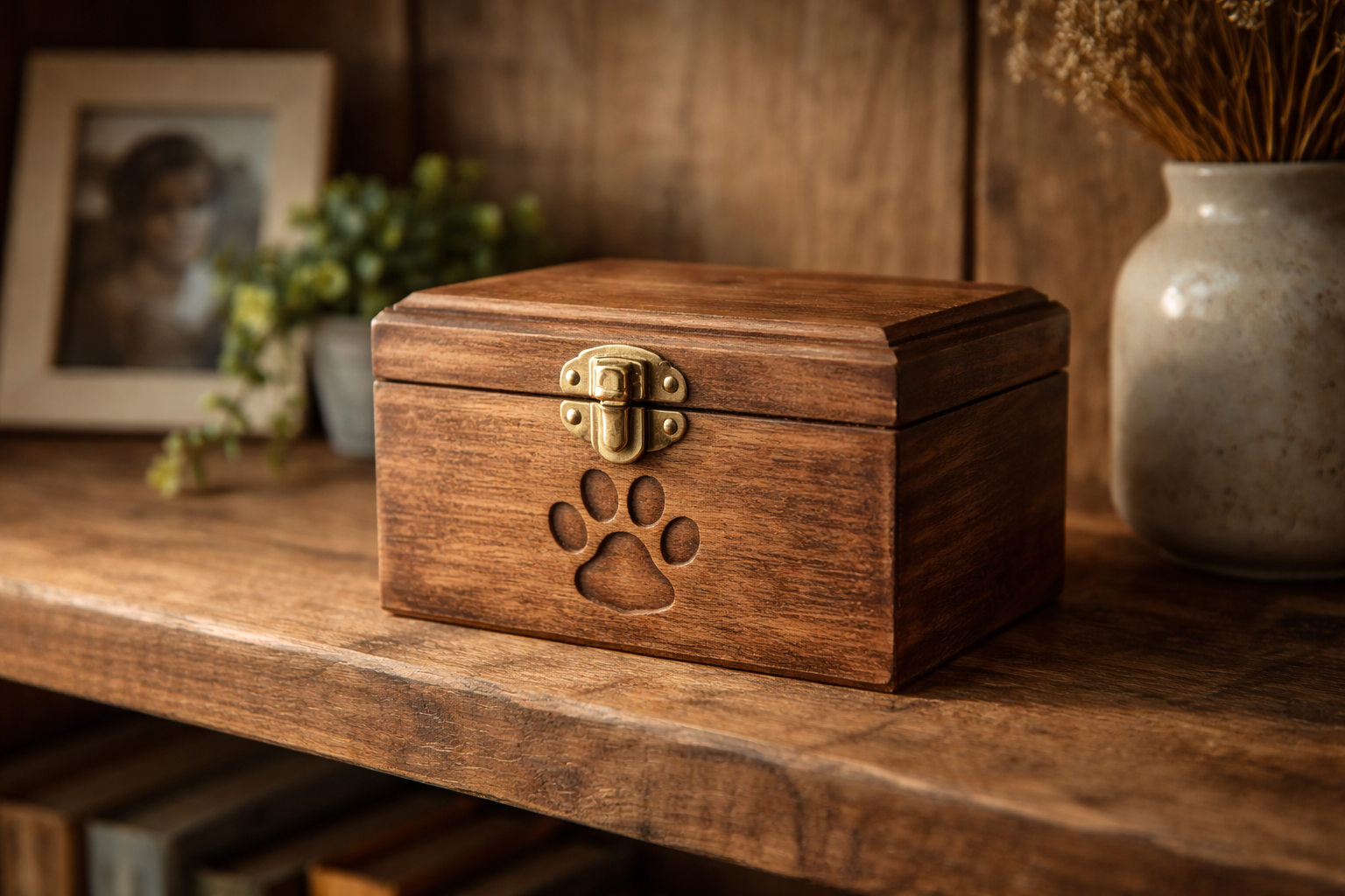 A personalized wooden memorial keepsake box on a shelf, a gentle and meaningful way to honor a beloved dog while giving yourself permission to heal.
