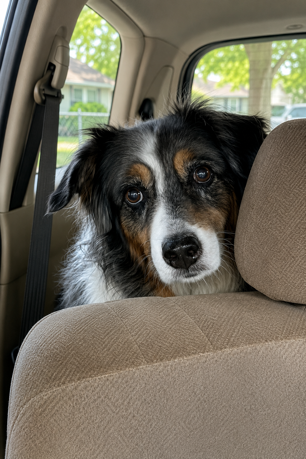 Cheyenne is an Australian Shepherd that is battling brain cancer and is looking over at his mom after a cancer treatment in the car.