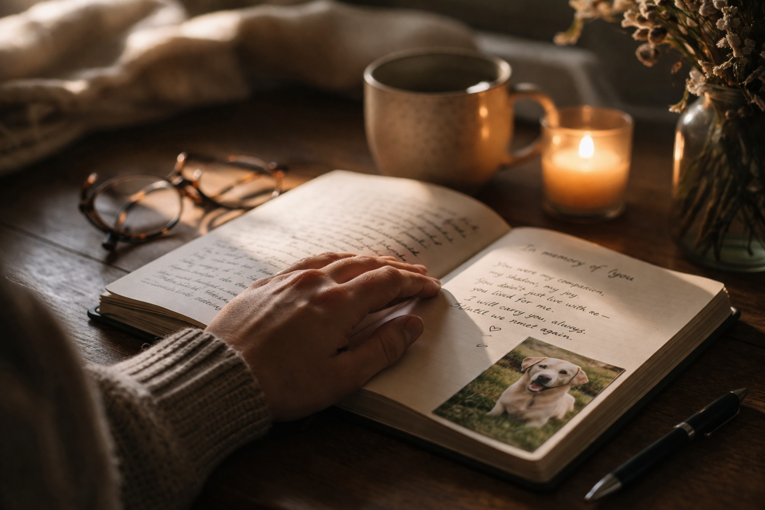 A hand resting on an open journal in warm light, representing the active, task-based process of working through grief after losing a beloved dog.