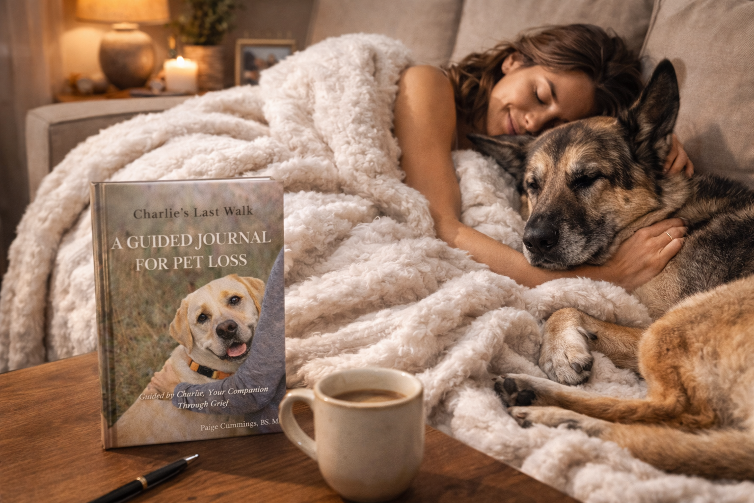 German shepherd and a lady snuggled on a couch with a white comfy blanket with a cup of coffee and Charlie's Journal for Pet loss sitting on the table next to them.