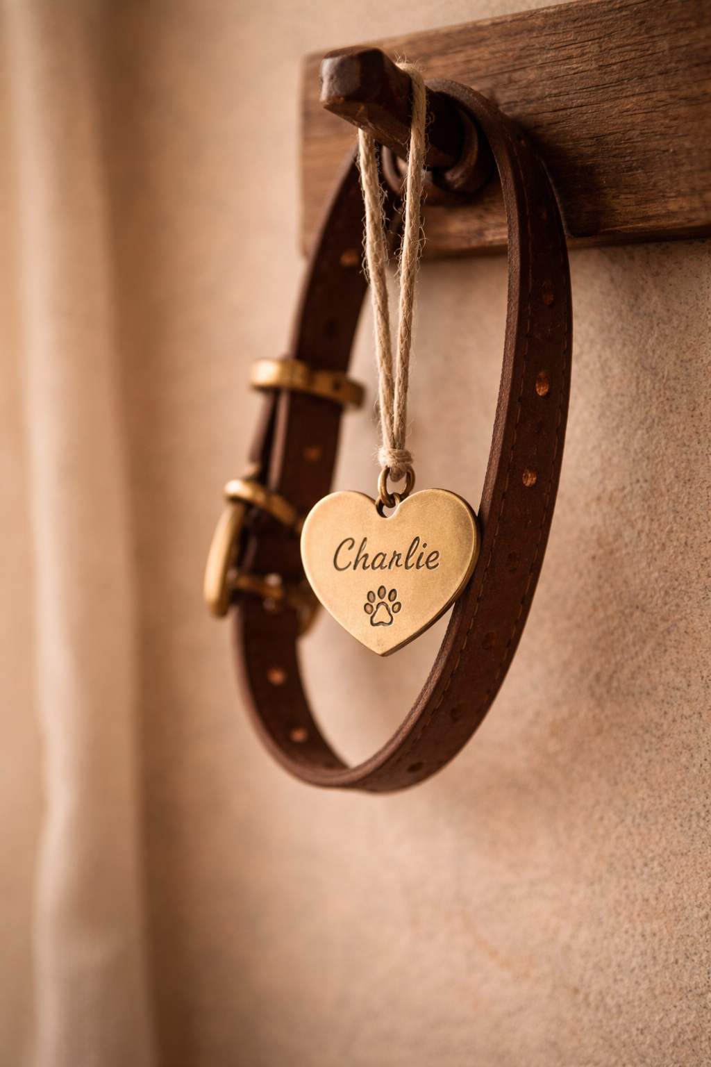 A single image of a dog tag, a collar, or a paw print hanging from something simple — quiet and personal.