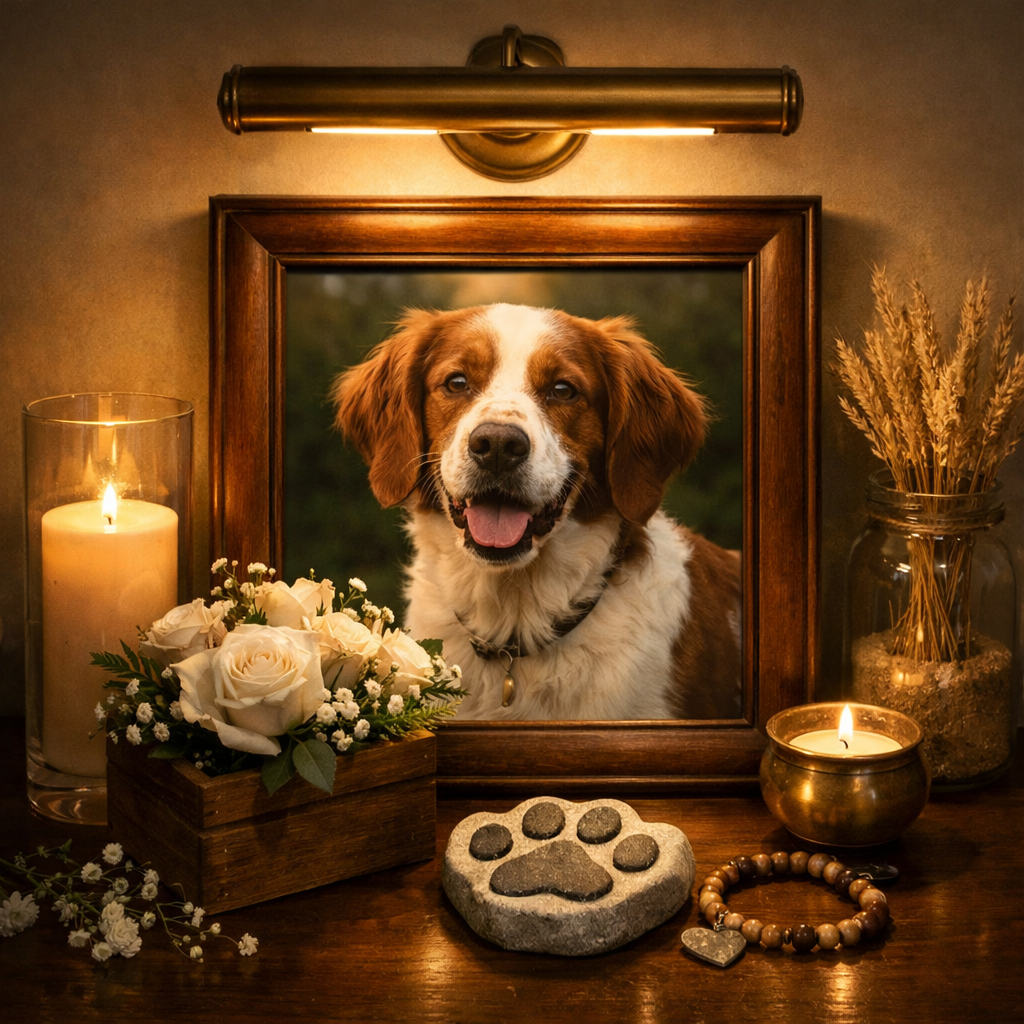A softly lit dog memorial photo display showing how picture lighting creates a sacred and warm remembrance space