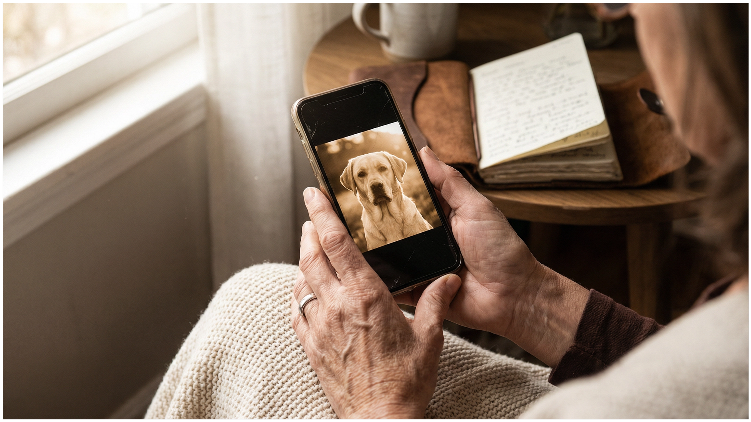 Hands holding a phone with a dog memorial photo — marking an EOP date to honor a beloved dog.