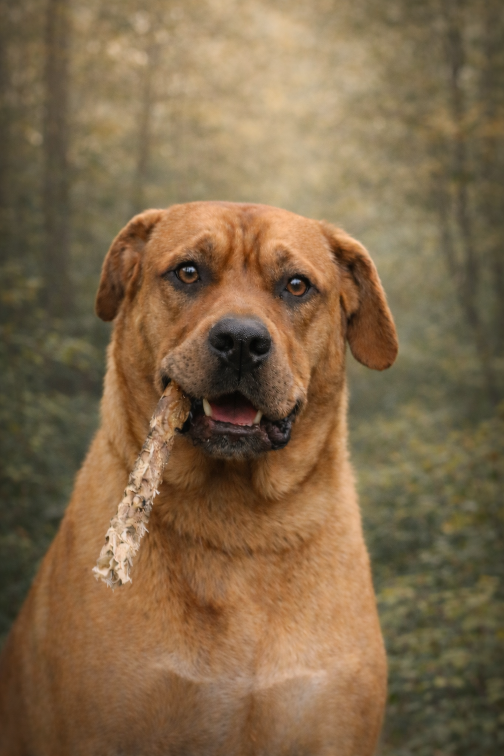 A large brown dog holding a stick in its mouth in a forest setting.
